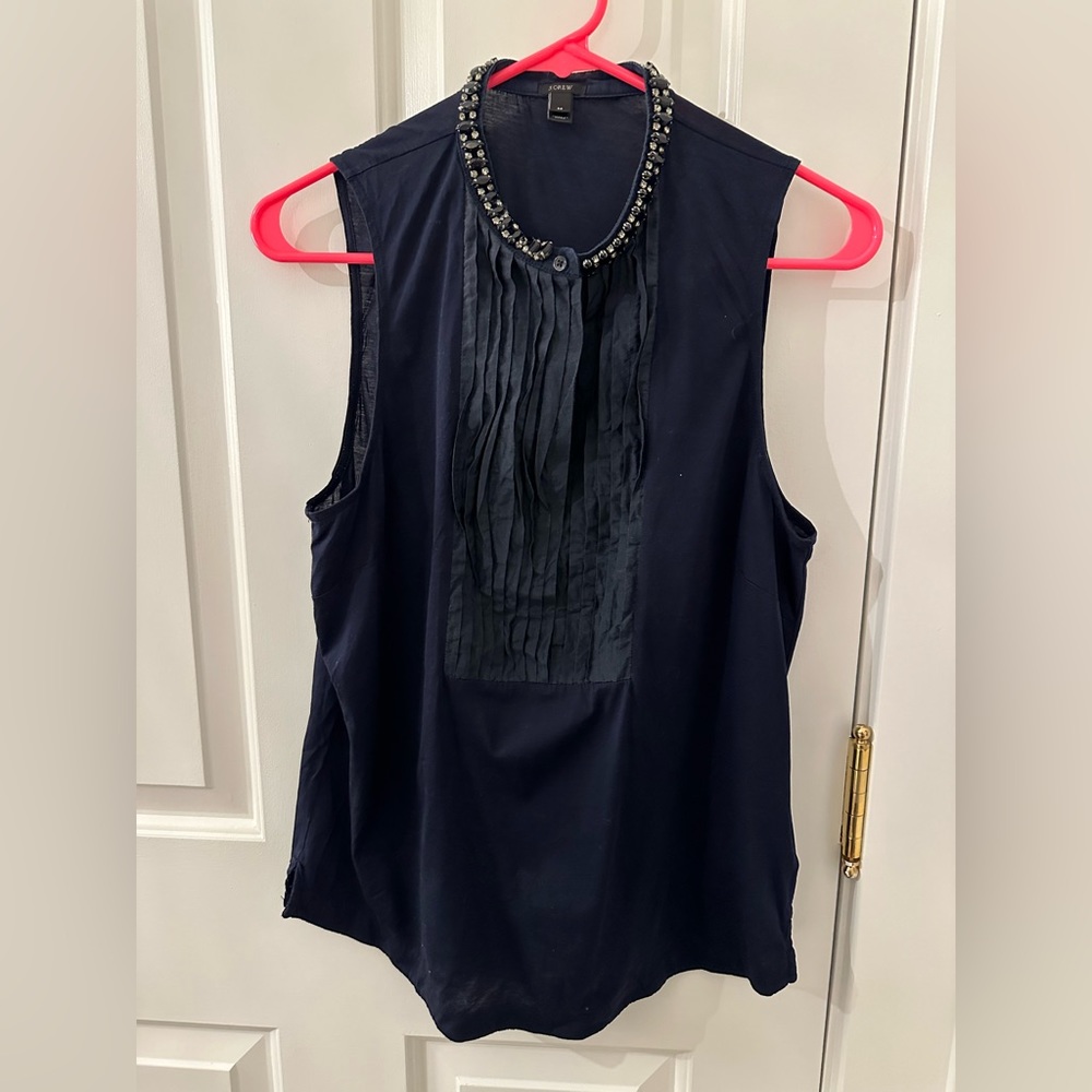 J. Crew Navy Sleeveless Top with Rhinestones & Pleats